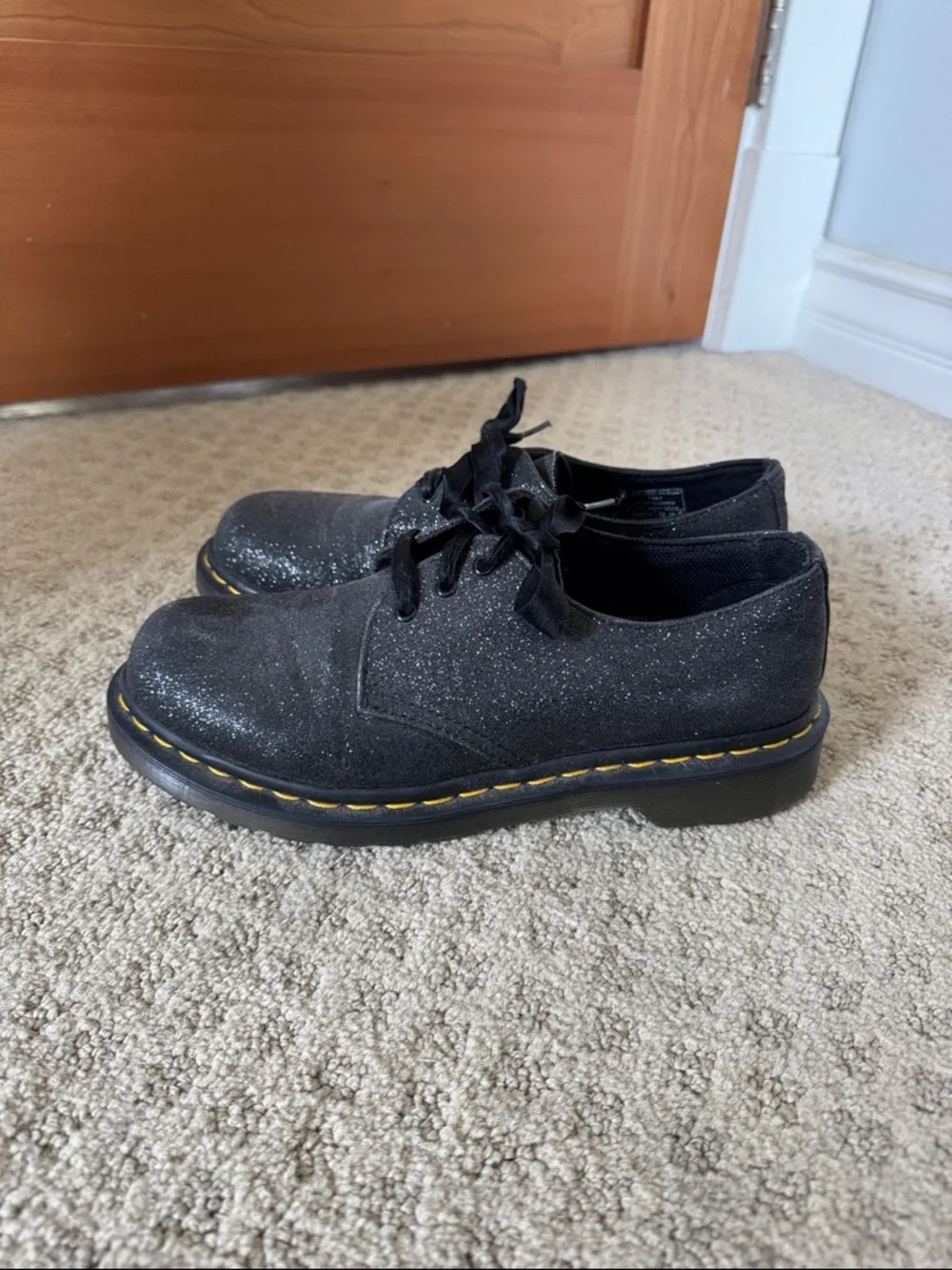 Doc Martens Black Glitter Oxford Shoes with a Yellow Stitching - Picture 2 of 3